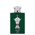 Green perfume bottle with silver cap and decorative label on a white background. Lattafa Al Areeq Silver Unisex Perfume