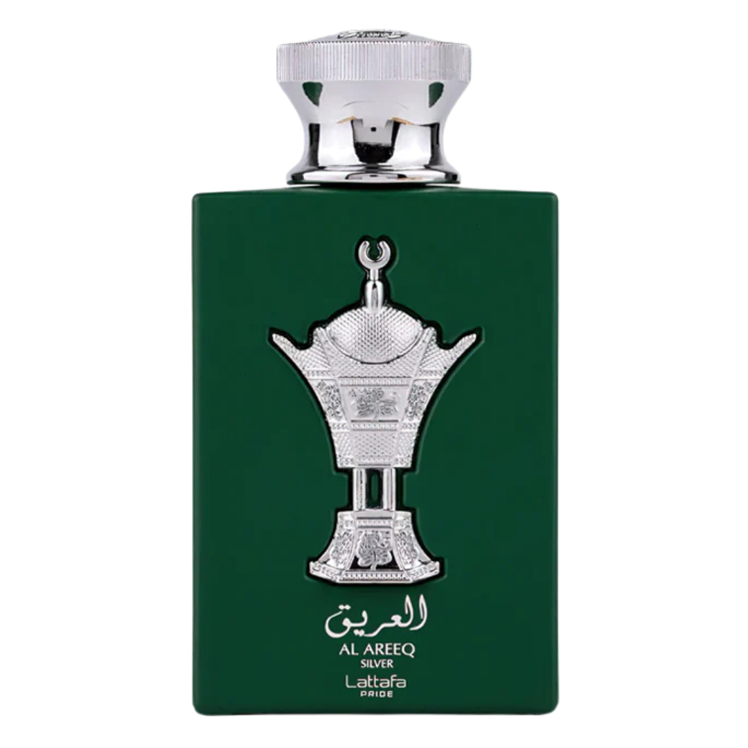 Green perfume bottle with silver cap and decorative label on a white background. Lattafa Al Areeq Silver Unisex Perfume