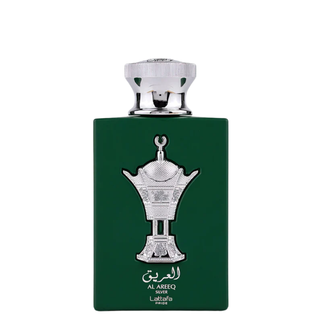 Green perfume bottle with silver cap and decorative label on a white background. Lattafa Al Areeq Silver Unisex Perfume