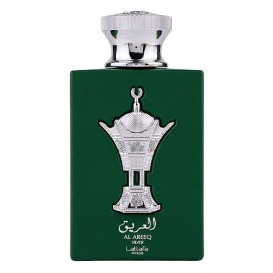 Green perfume bottle with silver cap and decorative label on a white background. Lattafa Al Areeq Silver Unisex Perfume