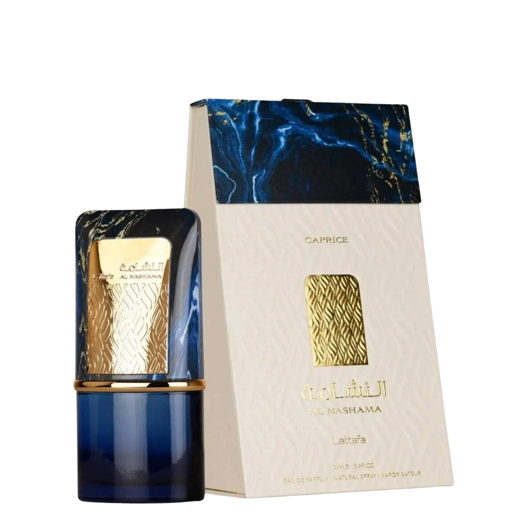 Al Nashama Lattafa Caprice perfume bottle and its matching packaging box, featuring a deep blue marbled design and textured gold accents on a white background.