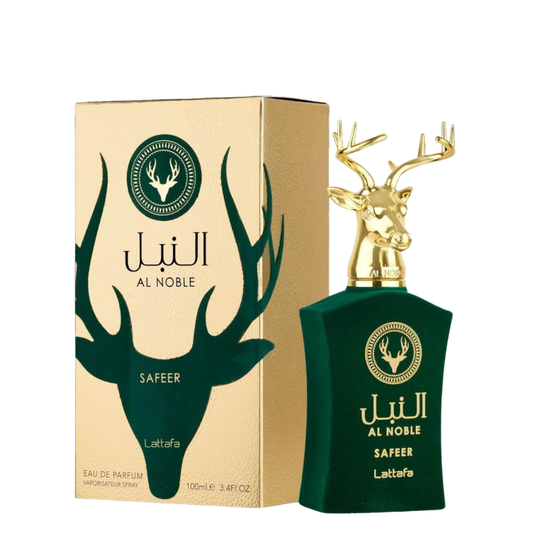 Al Noble Safeer perfume bottle and packaging with gold deer design on a beige background