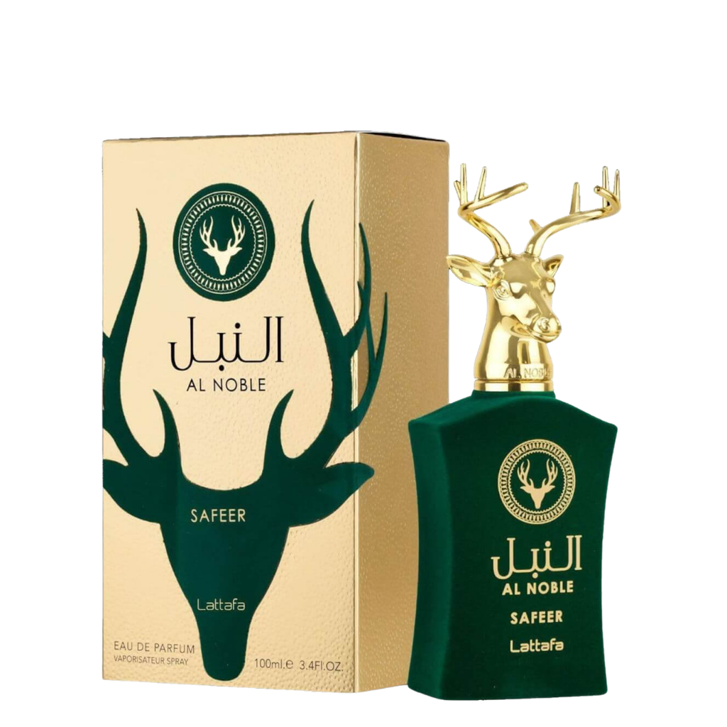 Al Noble Safeer perfume bottle and packaging with gold deer design on a beige background