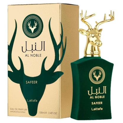 Al Noble Safeer perfume bottle and packaging with gold deer design on a beige background