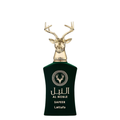 Green perfume bottle with gold deer head design on a white background. Lattafa Al Noble Safeer Unisex Perfume