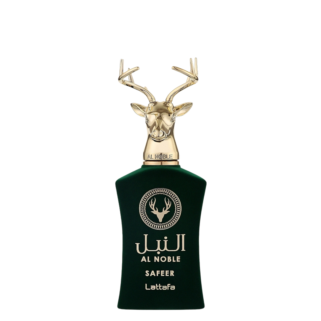 Green perfume bottle with gold deer head design on a white background. Lattafa Al Noble Safeer Unisex Perfume