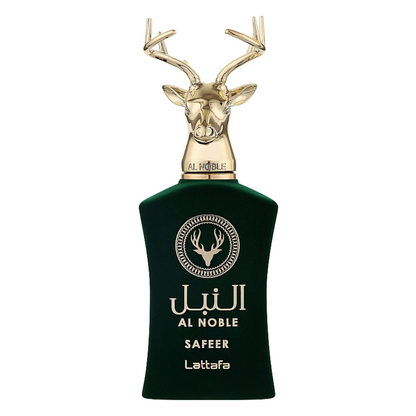 Green perfume bottle with gold deer head design on a white background. Lattafa Al Noble Safeer Unisex Perfume