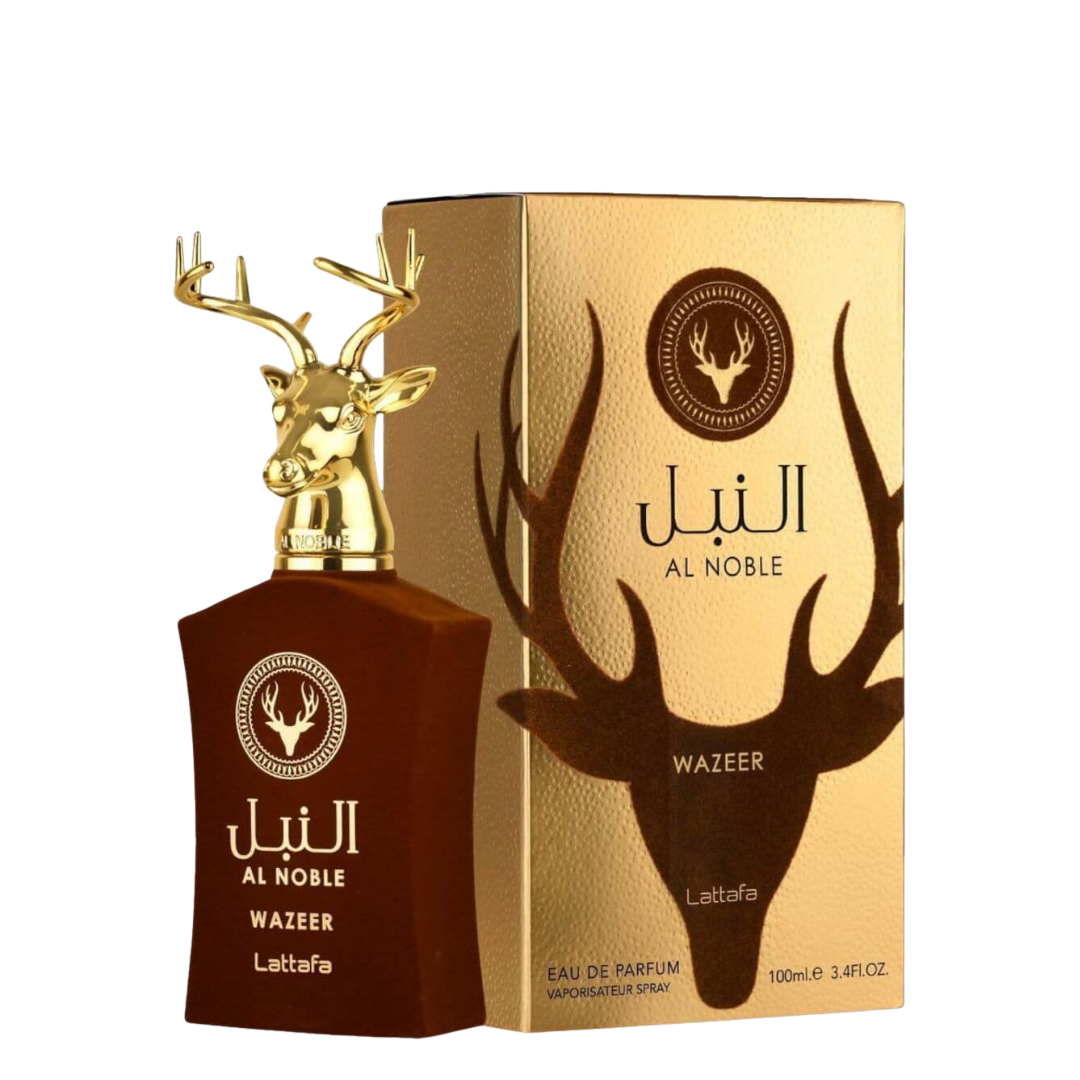 Al Noble Wazeer perfume bottle and packaging with gold deer head design.