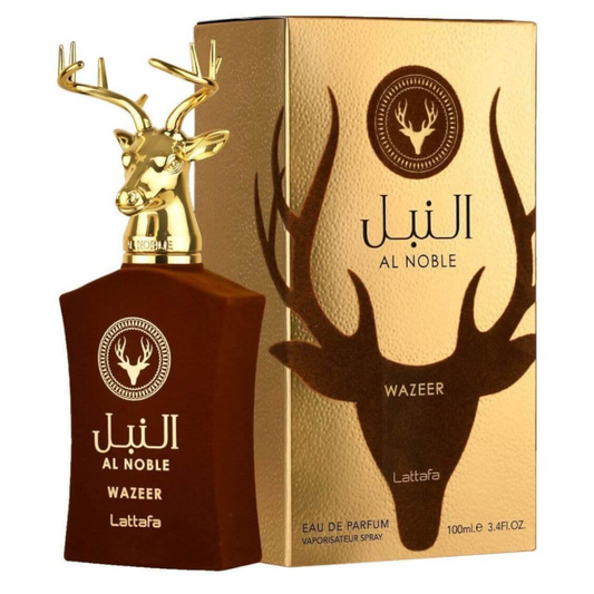 Al Noble Wazeer perfume bottle and packaging with gold deer head design.