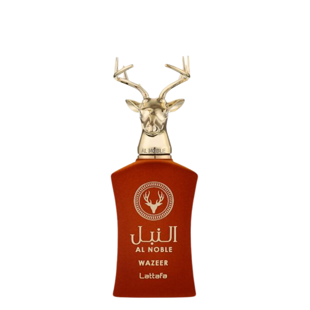 Perfume bottle with deer head design on a white background. Lattafa Al Noble Wazeer Unisex Perfume