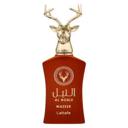 Perfume bottle with deer head design on a white background. Lattafa Al Noble Wazeer Unisex Perfume