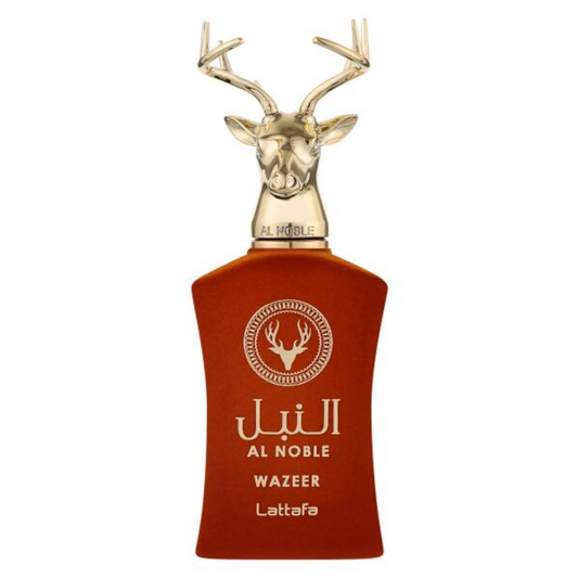 Perfume bottle with deer head design on a white background. Lattafa Al Noble Wazeer Unisex Perfume