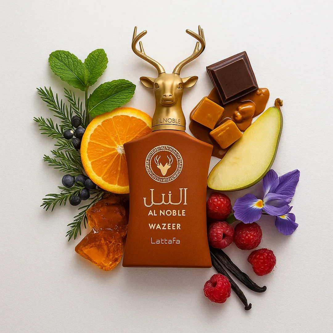 Al Noble Wazeer Lattafa perfume bottle surrounded by fruits, flowers, and herbs on a white background