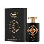 Al Qiam Gold perfume bottle and its black packaging box, both featuring gold Arabic calligraphy and a circular gold emblem with amber-colored accents, on a white background.