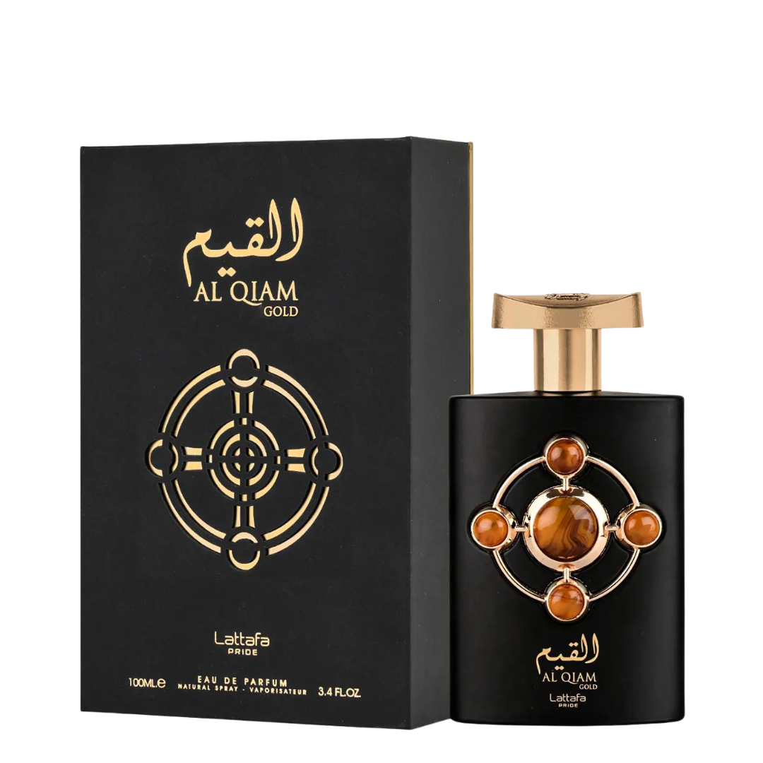 Al Qiam Gold perfume bottle and its black packaging box, both featuring gold Arabic calligraphy and a circular gold emblem with amber-colored accents, on a white background.