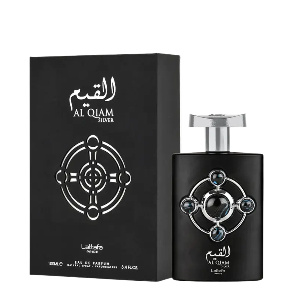 Al Qiam Silver perfume bottle and its black packaging box by Lattafa, featuring a silver geometric emblem on a black background.