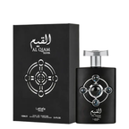 Al Qiam Silver perfume bottle and its black packaging box by Lattafa, featuring a silver geometric emblem on a black background.