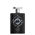 Al Qiam by Lattafa perfume bottle in black with a silver metallic pump and a decorative circular silver emblem on the front, set against a plain white background.