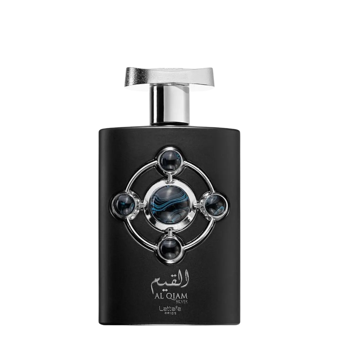 Al Qiam by Lattafa perfume bottle in black with a silver metallic pump and a decorative circular silver emblem on the front, set against a plain white background.