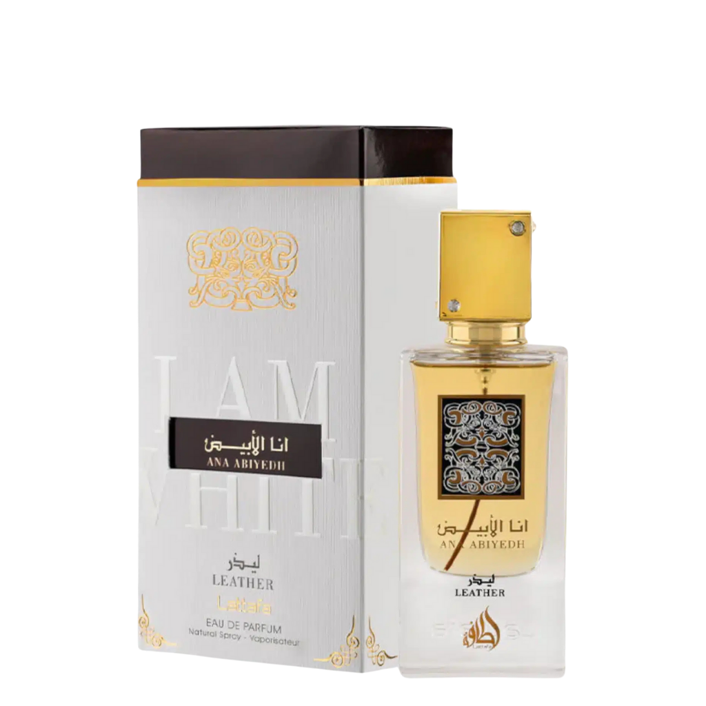 Lattafa Ana Abiyedh Leather perfume with box – Luxury Arabian perfume presented with its white and gold packaging, featuring bold Arabic and English branding and premium design details.  -