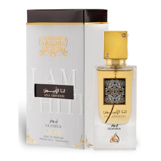 Lattafa Ana Abiyedh Leather perfume with box – Luxury Arabian perfume presented with its white and gold packaging, featuring bold Arabic and English branding and premium design details. Clone / dupe of / inspired by Memo Paris - African Leather perfume.