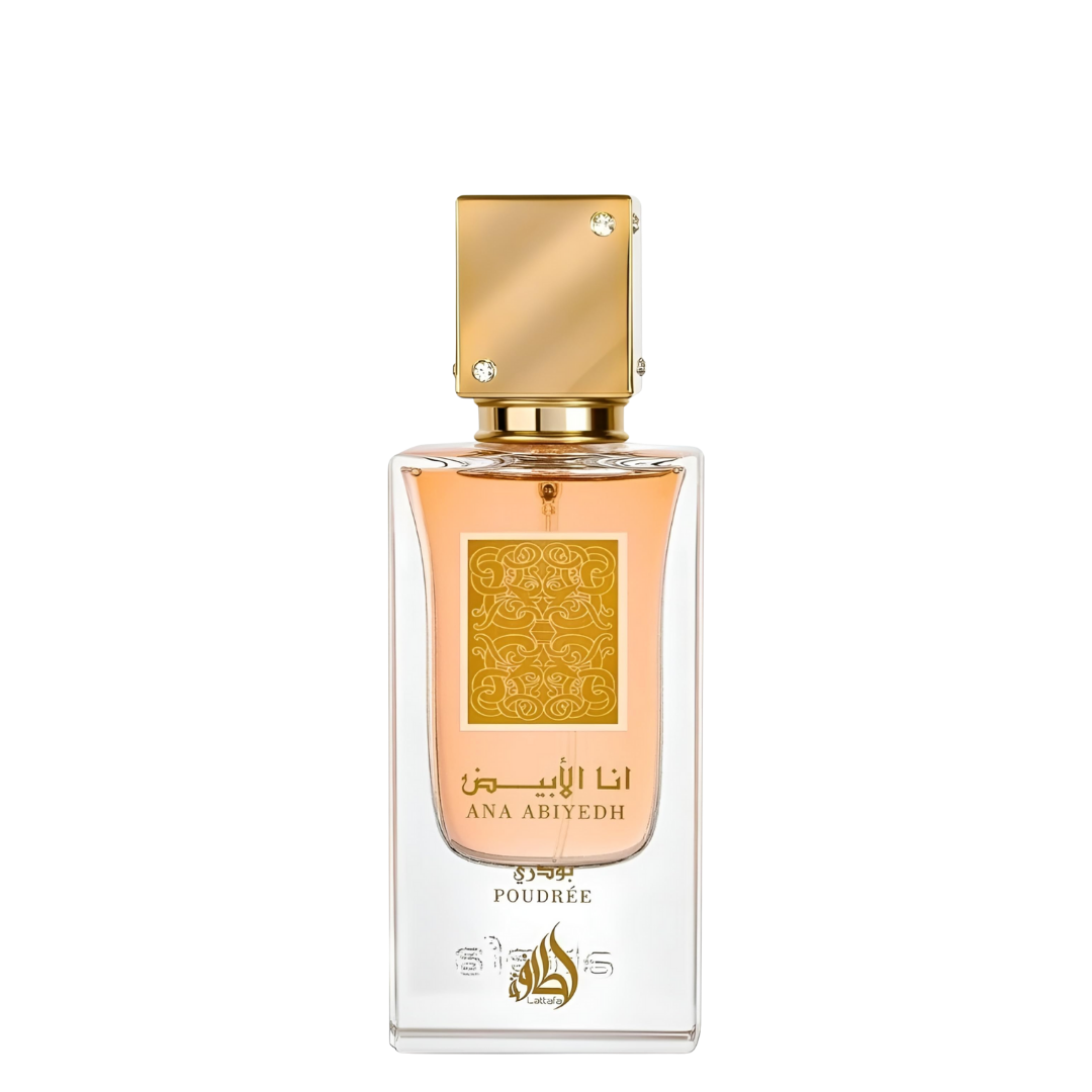 Lattafa Ana Abiyedh Poudrée Eau de Parfum – elegant gold-capped perfume bottle with amber fragrance, luxury unisex scent in clear glass design. 