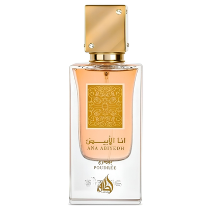 Lattafa Ana Abiyedh Poudrée Eau de Parfum – elegant gold-capped perfume bottle with amber fragrance, luxury unisex scent in clear glass design. Clone / dupe of / inspired by Narciso Rodriguez - Narcisco Poudrée perfume.