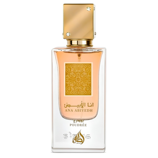 Lattafa Ana Abiyedh Poudrée Eau de Parfum – elegant gold-capped perfume bottle with amber fragrance, luxury unisex scent in clear glass design. Clone / dupe of / inspired by Narciso Rodriguez - Narcisco Poudrée perfume.