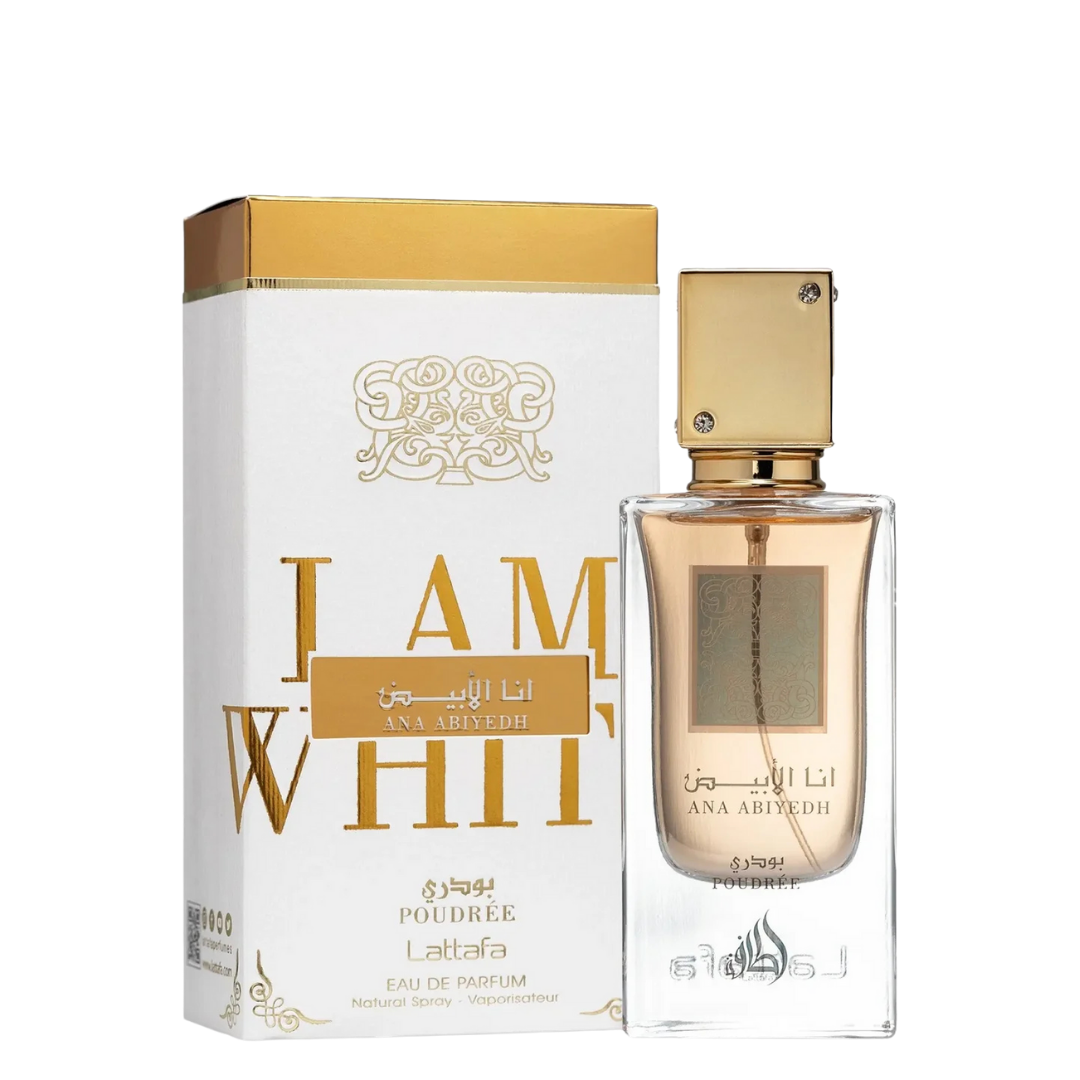 Lattafa Ana Abiyedh Poudrée Eau de Parfum – luxury Arabian perfume bottle and gold-accented box with bold I Am White branding. 