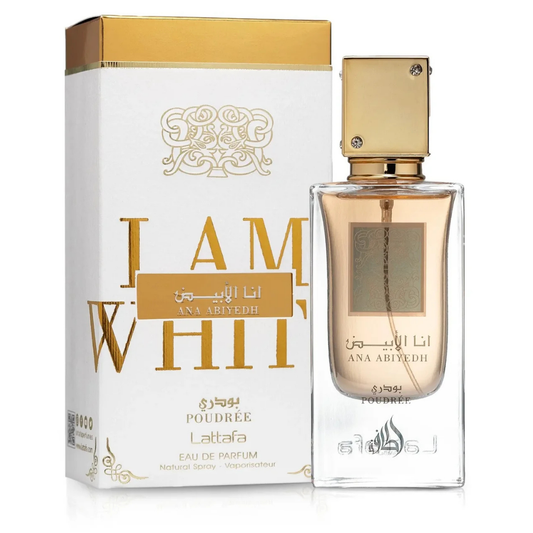 Lattafa Ana Abiyedh Poudrée Eau de Parfum – luxury Arabian perfume bottle and gold-accented box with bold I Am White branding. Clone / dupe of / inspired by Narciso Rodriguez - Narcisco Poudrée perfume.
