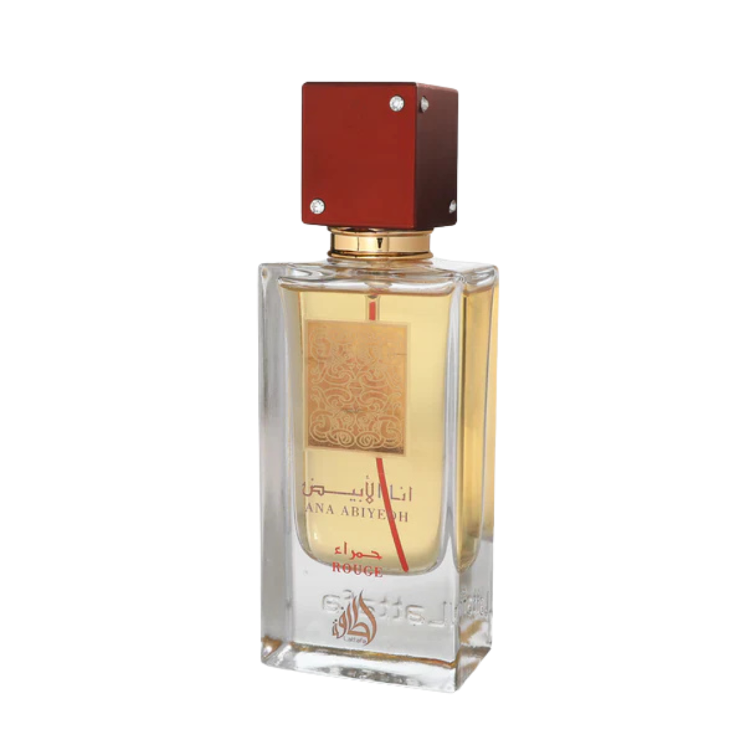 Lattafa Ana Abiyedh Rouge Eau de Parfum – premium Arabic fragrance in a sleek rectangular glass bottle with rich red cap, featuring amber, citrus, and aromatic scent profile. A glass bottle of Ana Abiyedh Rouge perfume by Lattafa with a red cap and a label indicating it is a product made in U.A.E. Clone / dupe of / inspired by Maison Francis Kurkdjian - Baccarat Rouge 540 perfume.