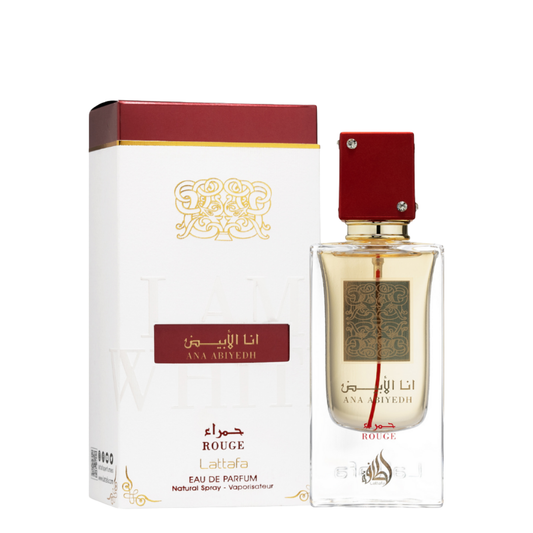 Ana Abiyedh Rouge Eau de Parfum by Lattafa β luxury Arabian perfume in elegant gold and red bottle with matching white and red packaging, unisex fragrance with amber, citrus, and aromatic accords. Clone / dupe of / inspired by Maison Francis Kurkdjian - Baccarat Rouge 540 perfume.