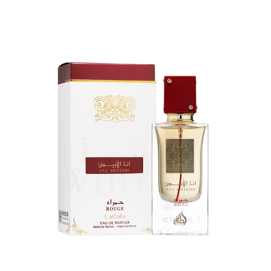 Ana Abiyedh Rouge Eau de Parfum by Lattafa – luxury Arabian perfume in elegant gold and red bottle with matching white and red packaging, unisex fragrance with amber, citrus, and aromatic accords. Clone / dupe of / inspired by Maison Francis Kurkdjian - Baccarat Rouge 540 perfume.