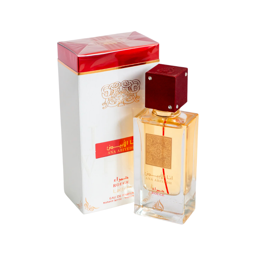 Lattafa Ana Abiyedh Rouge Eau de Parfum – sophisticated oriental fragrance in a crystal-clear bottle with bold red cap and decorative white box. Clone / dupe of / inspired by Maison Francis Kurkdjian - Baccarat Rouge 540 perfume.