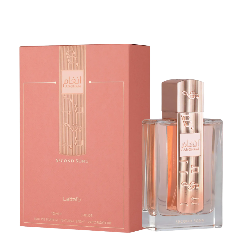 Angham Second Song Eau de Parfum by Lattafa, featuring a pink rectangular box and a matching clear glass bottle with a metallic rose gold cap, set against a plain white background.
