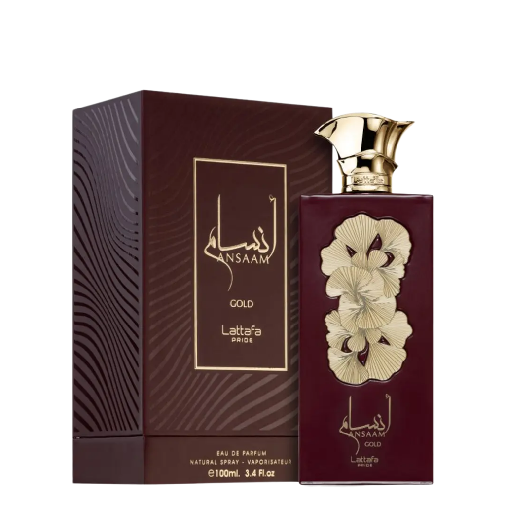 Perfume bottle and packaging with floral design. Lattafa Ansaam Gold Womens Perfume
