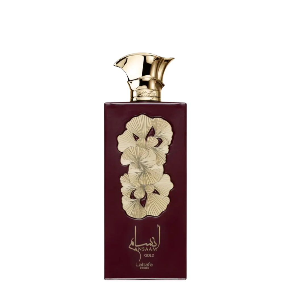 A bottle of Ansaam Gold Perfume with a dark maroon label and gold designs, including the name of the perfume in Arabic script and a decorative gold cap.