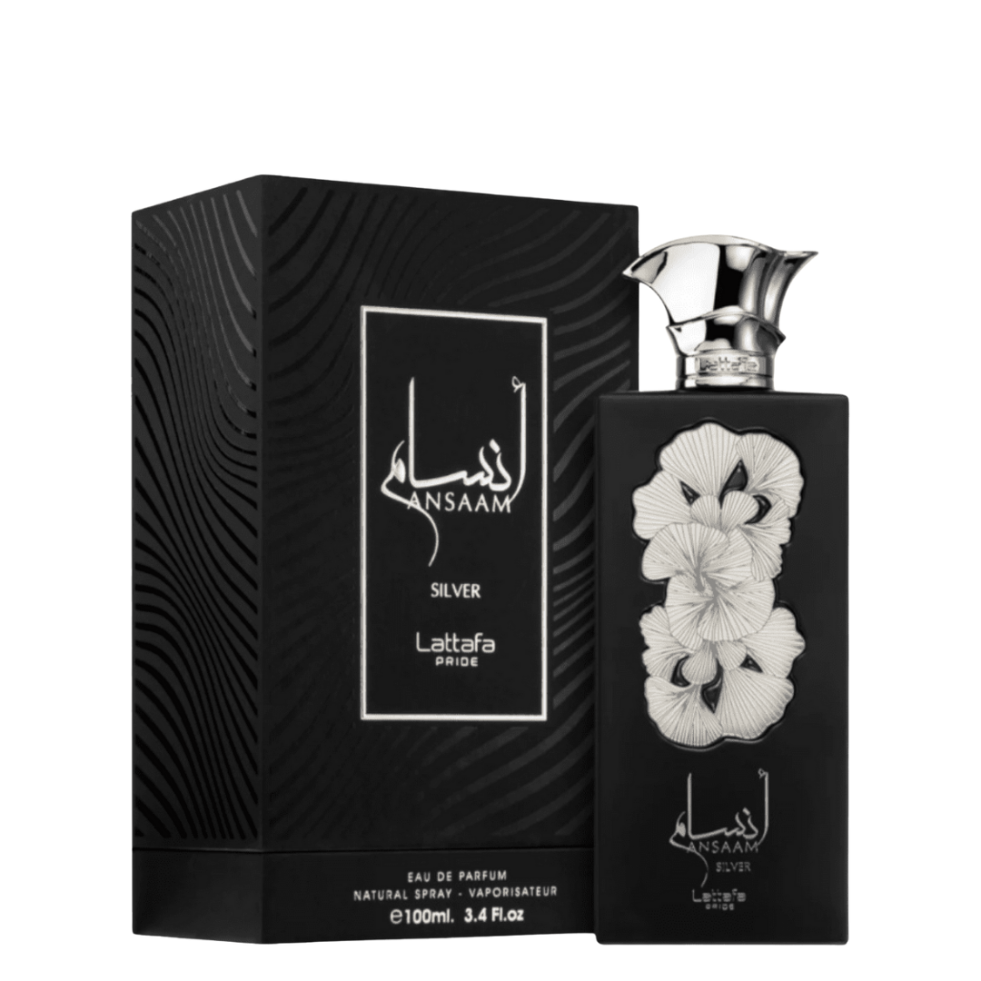Perfume bottle and packaging with intricate designs on a white background. Lattafa Ansaam Silver Unisex Perfume