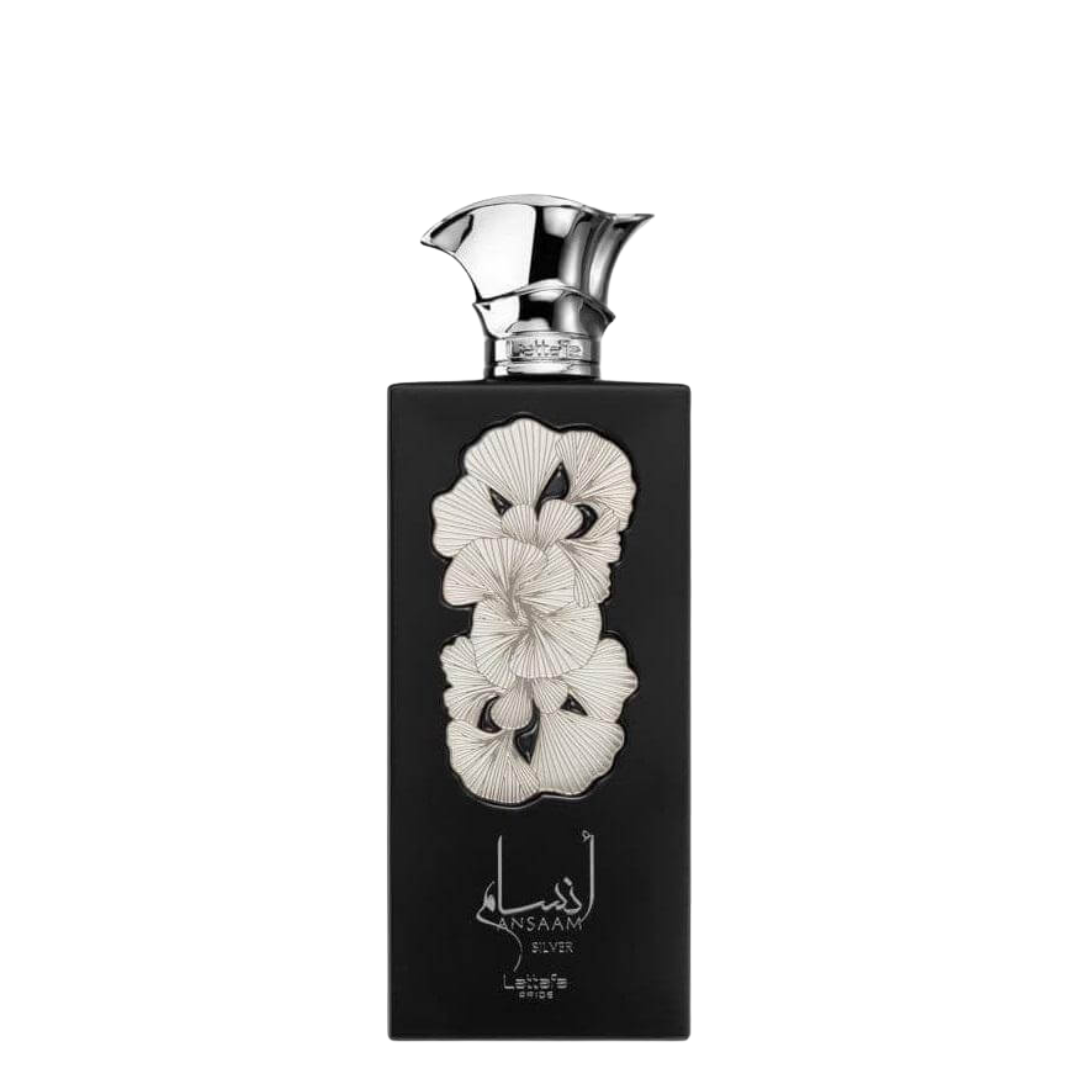 A bottle of Ansaam Silver Perfume by Lattafa with a black label featuring silver floral designs and the brand's logo.