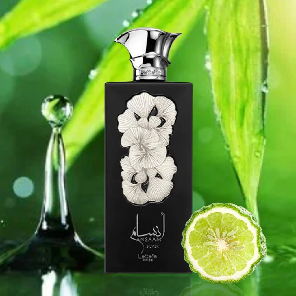 Perfume bottle with floral design on a green leaf and lime background. Lattafa Ansaam Silver Unisex Perfume