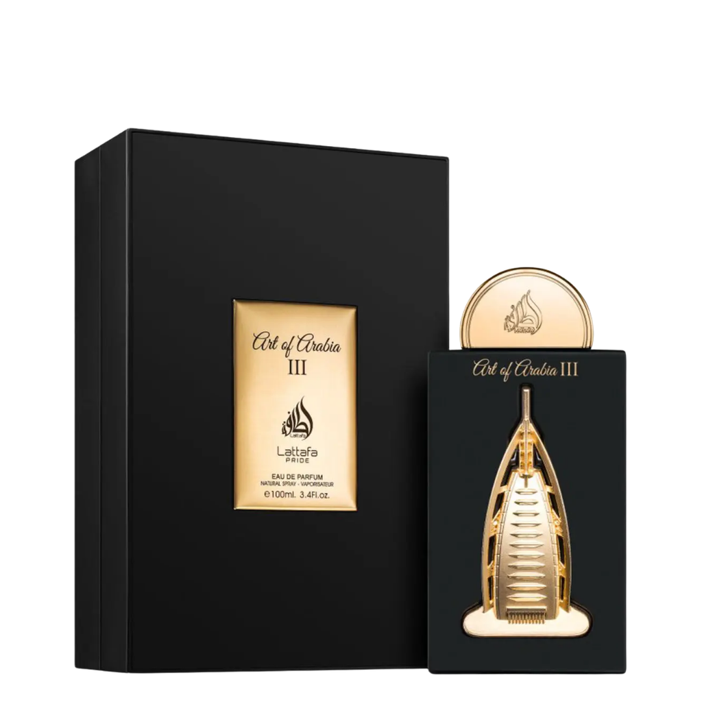 A luxury perfume bottle and its packaging box. The bottle features a gold Dubai Burj Khalifa design on a black base, with a matching gold cap.