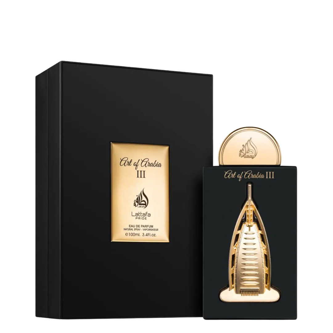 A luxury perfume bottle and its packaging box. The bottle features a gold Dubai Burj Khalifa design on a black base, with a matching gold cap.