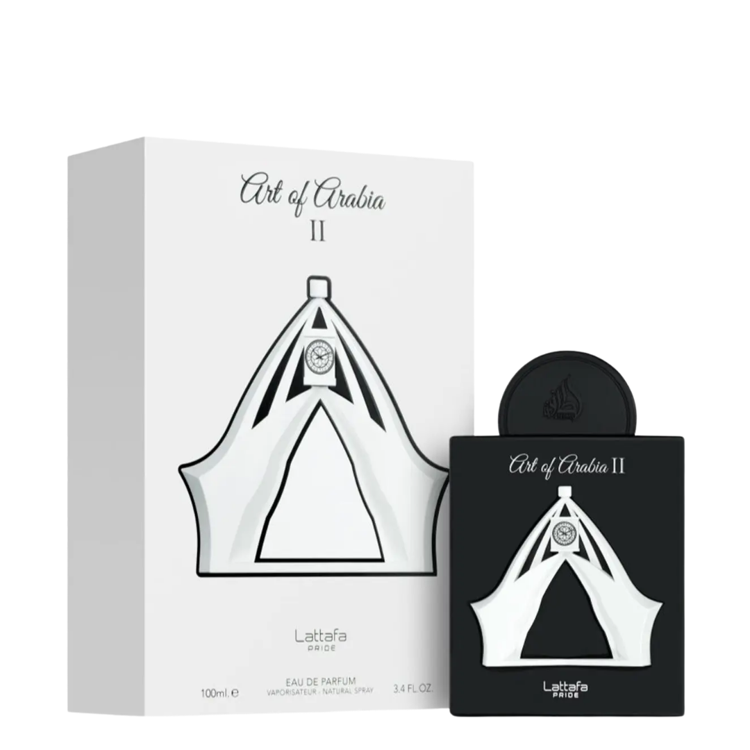 Lattafa Art of Arabia II perfume shown with its white outer box and a black rectangular bottle, both featuring a stylized tent illustration and the fragrance name on a clean white background.