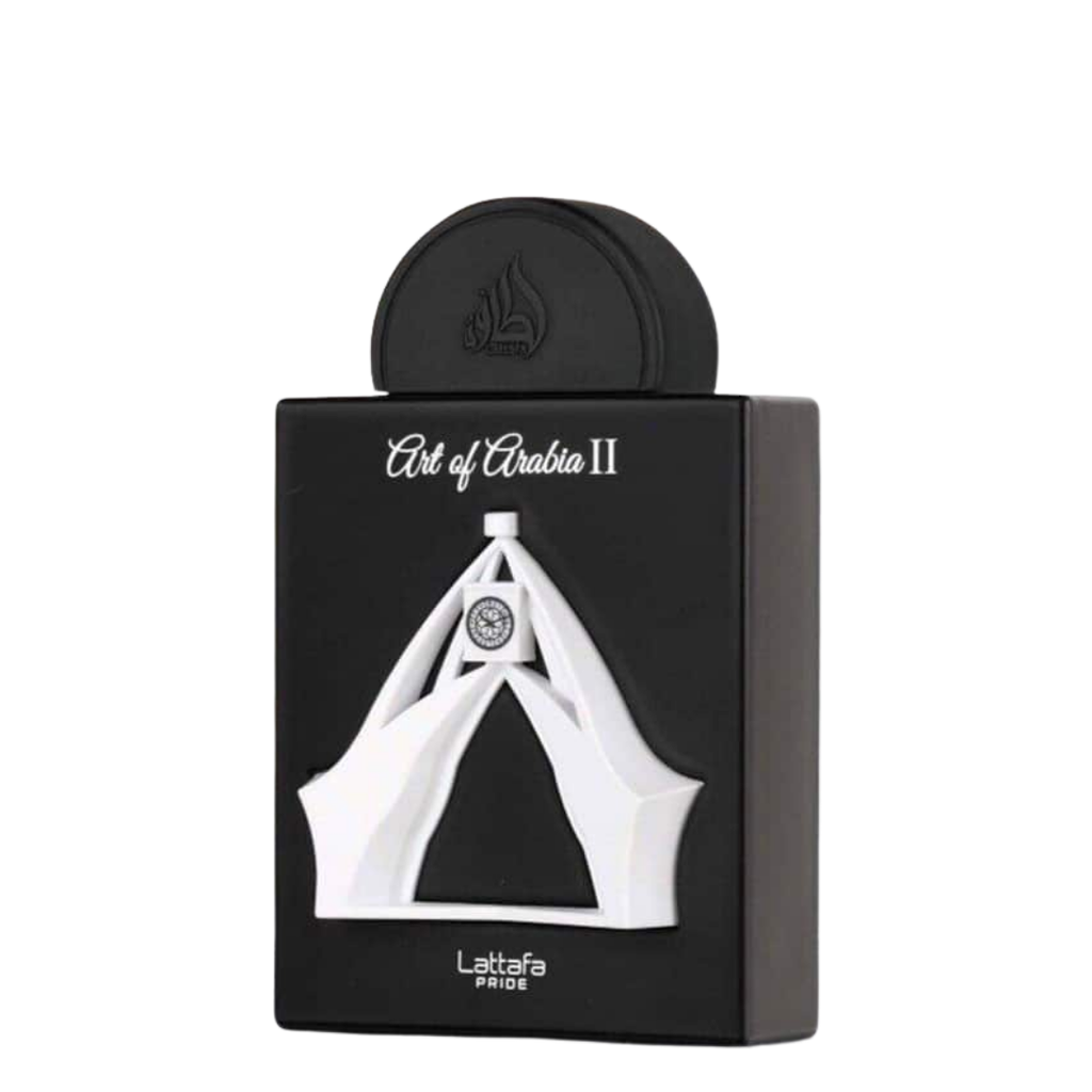 Lattafa Pride Art of Arabia II fragrance in a black rectangular box with a white geometric emblem and a black circular cap on top, shown on a plain white background.