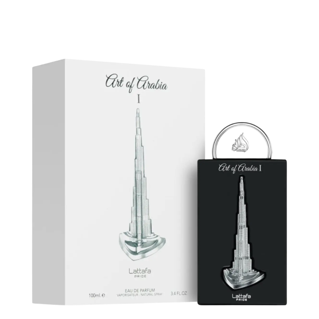 Art of Arabia 1 Lattafa Eau de Parfum shown with its white outer box and a black perfume bottle featuring a silver illustration of the Burj Khalifa.