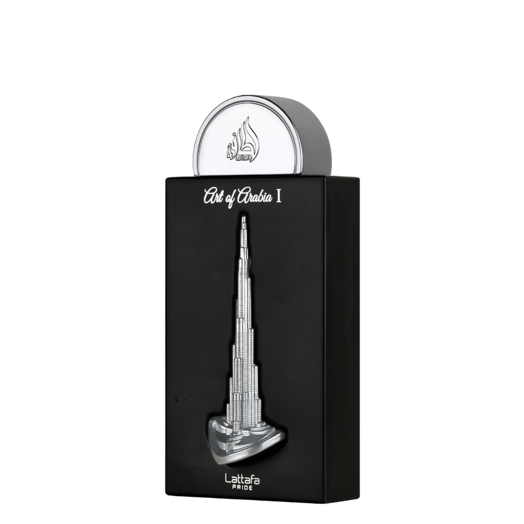 Lattafa 'Art of Arabia 1' perfume bottle with a silver Burj Khalifa design on a black rectangular box, set against a plain white background.