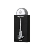 Lattafa 'Art of Arabia 1' perfume bottle with a silver Burj Khalifa design on a black rectangular box, set against a plain white background.