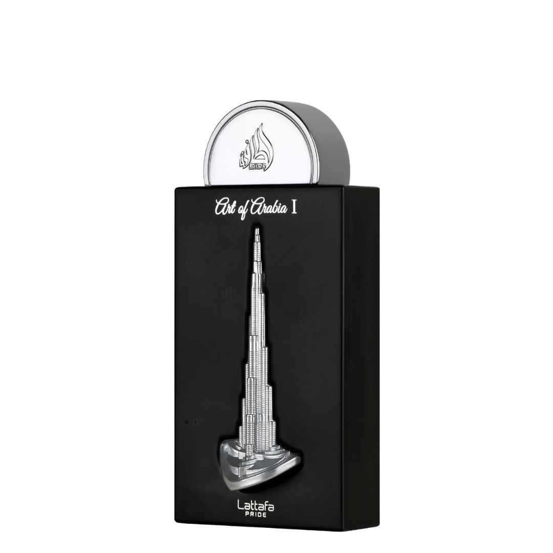 Lattafa 'Art of Arabia 1' perfume bottle with a silver Burj Khalifa design on a black rectangular box, set against a plain white background.