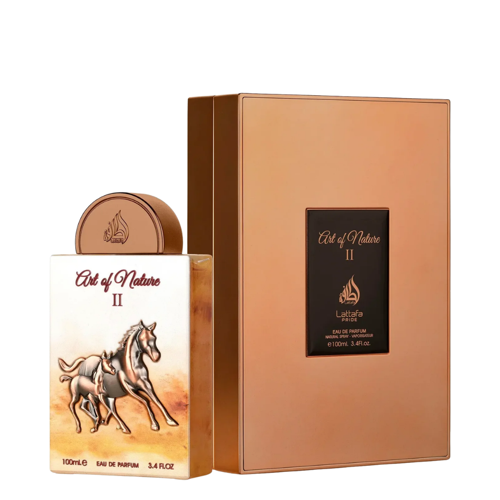 Lattafa Art of Nature II Eau de Parfum bottle with a horse illustration next to its metallic rose gold box packaging on a white background.