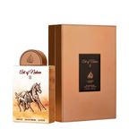 Lattafa Art of Nature II Eau de Parfum bottle with a horse illustration next to its metallic rose gold box packaging on a white background.